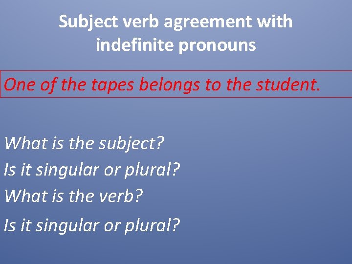 Subject verb agreement with indefinite pronouns One of the tapes belongs to the student.