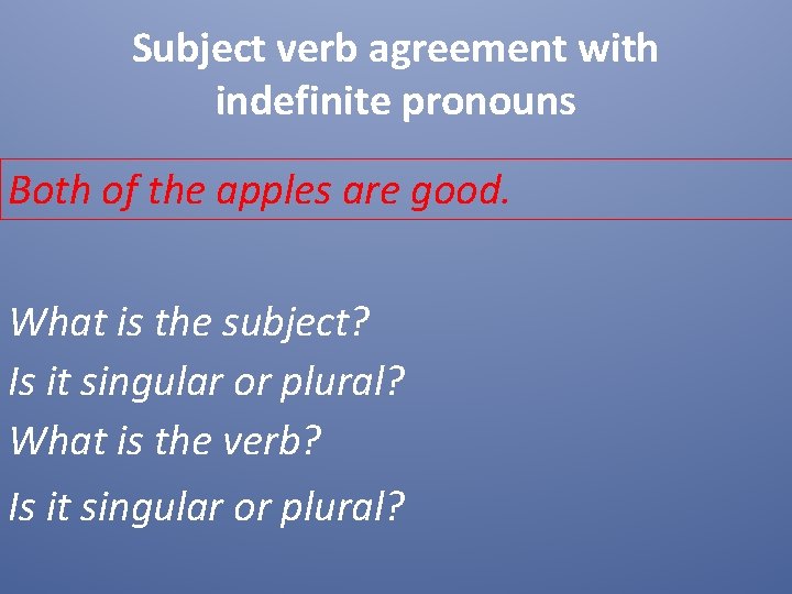 Subject verb agreement with indefinite pronouns Both of the apples are good. What is