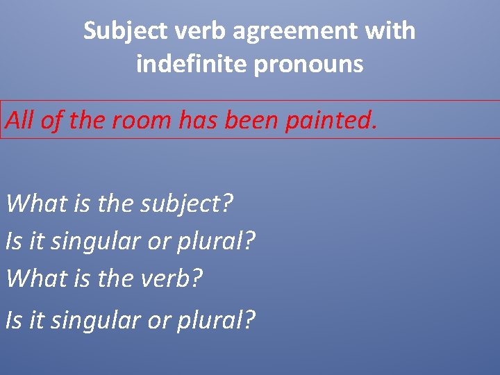 Subject verb agreement with indefinite pronouns All of the room has been painted. What