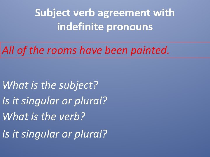 Subject verb agreement with indefinite pronouns All of the rooms have been painted. What