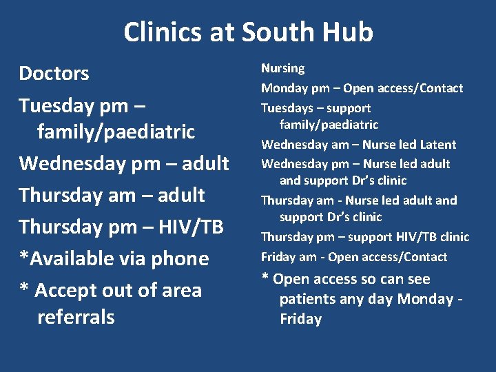 Clinics at South Hub Doctors Tuesday pm – family/paediatric Wednesday pm – adult Thursday