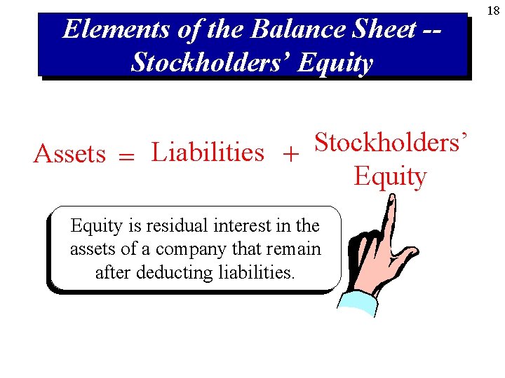 Elements of the Balance Sheet -Stockholders’ Equity Assets = Liabilities + Stockholders’ Equity is