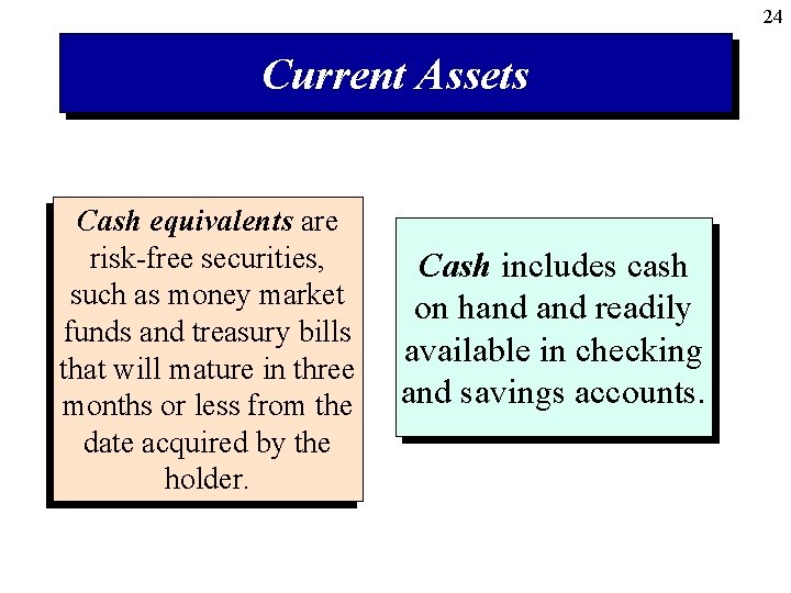 24 Current Assets Cash equivalents are risk-free securities, such as money market funds and