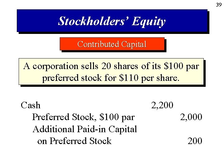 39 Stockholders’ Equity Contributed Capital A corporation sells 20 shares of its $100 par