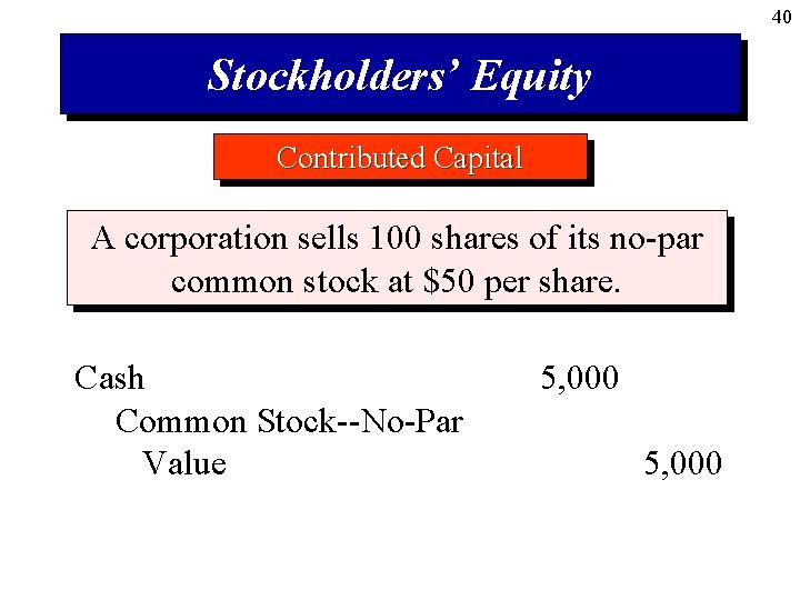 40 Stockholders’ Equity Contributed Capital A corporation sells 100 shares of its no-par common