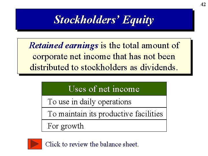 42 Stockholders’ Equity Retained earnings is the total amount of corporate net income that