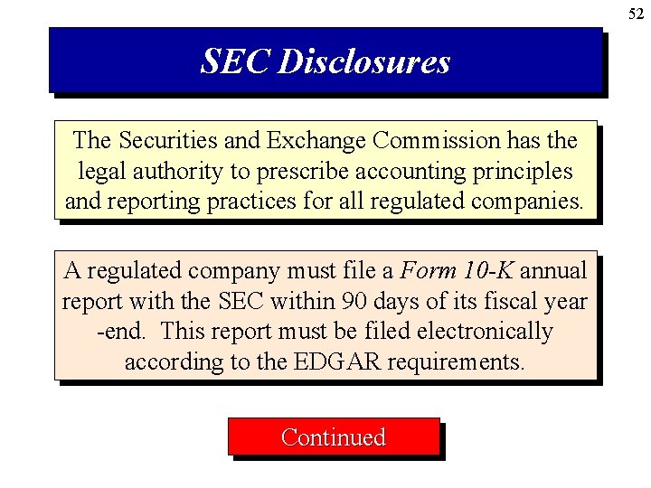 52 SEC Disclosures The Securities and Exchange Commission has the legal authority to prescribe
