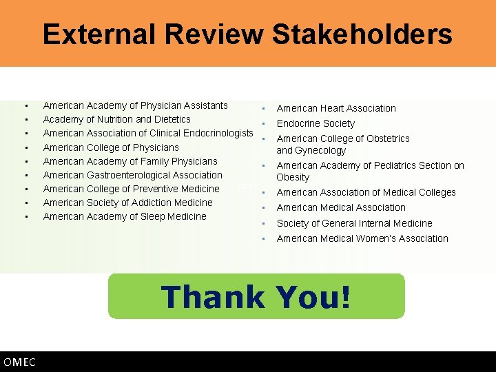 External Review Stakeholders American Academy of Physician Assistants Academy of Nutrition and Dietetics American