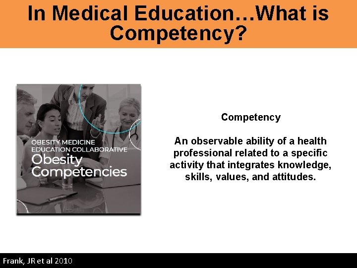 In Medical Education…What is Competency? Competency An observable ability of a health professional related