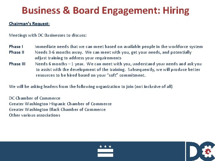 Business & Board Engagement: Hiring Chairman’s Request: Meetings with DC Businesses to discuss: Phase