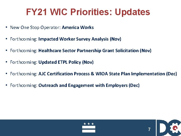 FY 21 WIC Priorities: Updates • New One Stop Operator: America Works • Forthcoming: