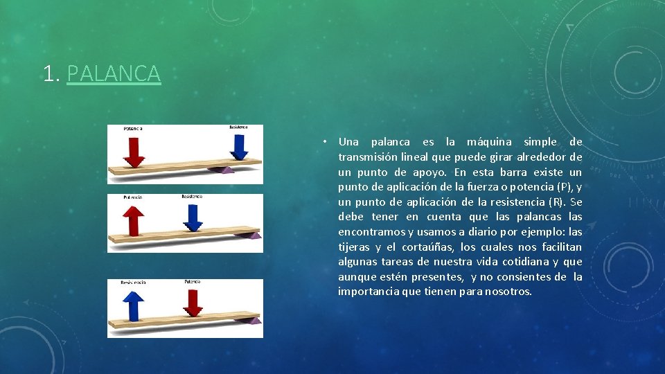 1. PALANCA • Una palanca es la máquina simple de transmisión lineal que puede