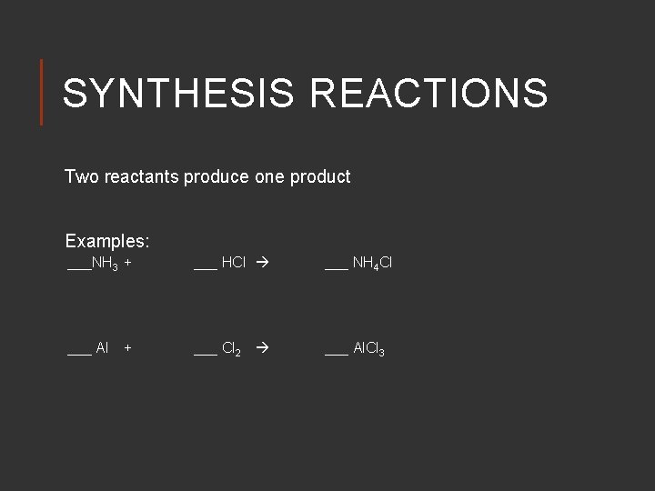 SYNTHESIS REACTIONS Two reactants produce one product Examples: ___NH 3 + ___ HCl ___