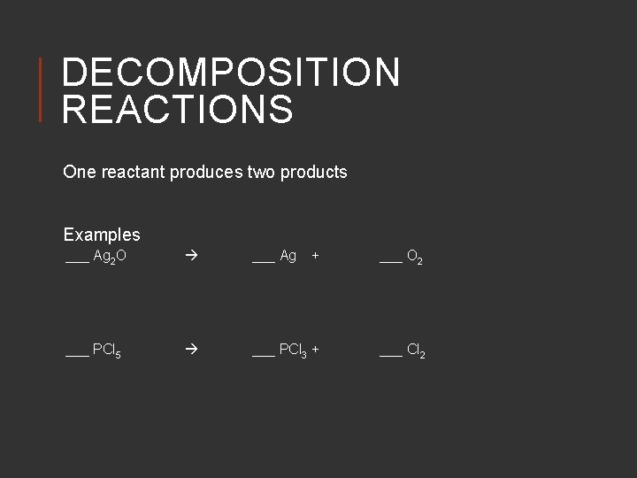 DECOMPOSITION REACTIONS One reactant produces two products Examples ___ Ag 2 O ___ Ag