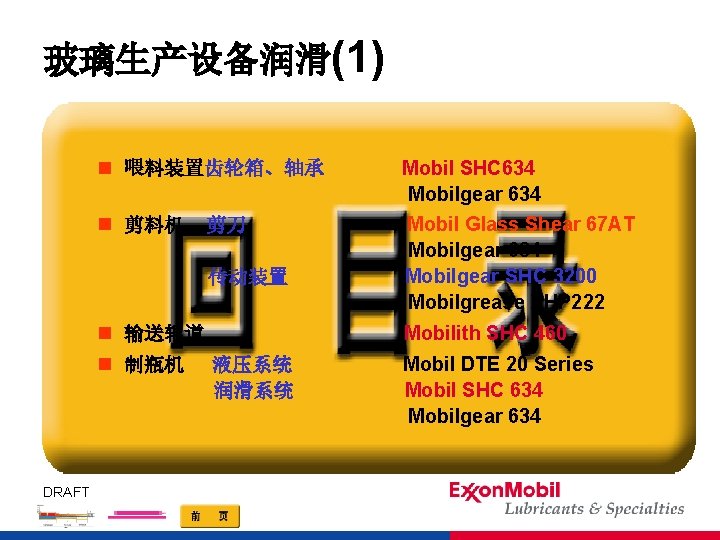 玻璃生产设备润滑(1) n 喂料装置齿轮箱、轴承 Mobil SHC 634 Mobilgear 634 n 剪料机 Mobil Glass Shear 67