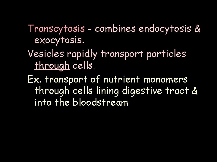 Transcytosis - combines endocytosis & exocytosis. Vesicles rapidly transport particles through cells. Ex. transport