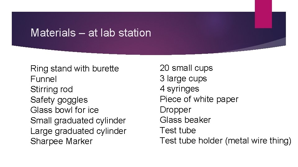 Materials – at lab station Ring stand with burette Funnel Stirring rod Safety goggles