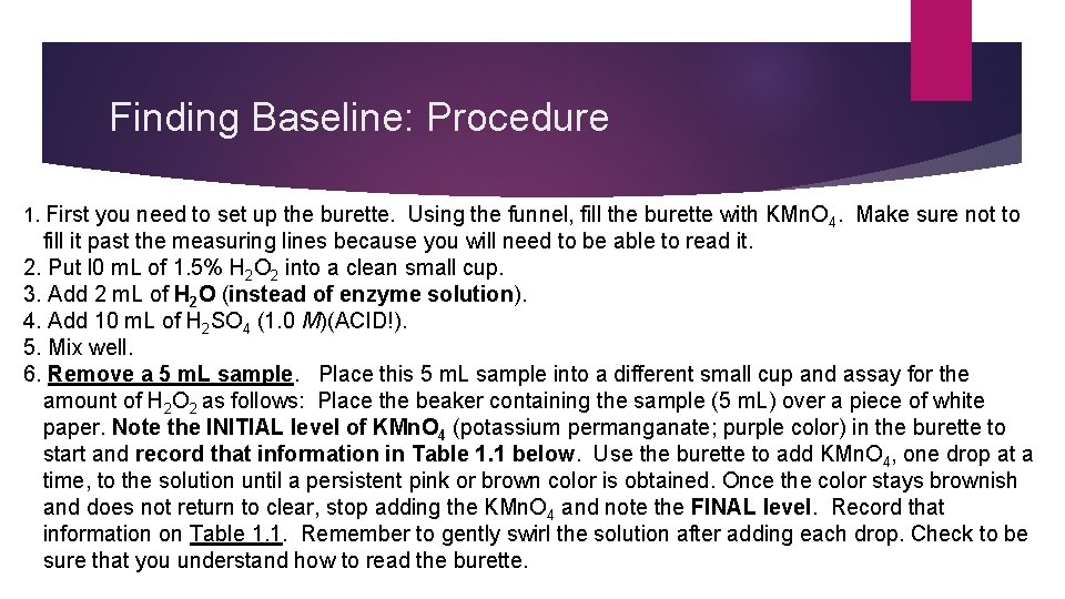 Finding Baseline: Procedure 1. First you need to set up the burette. Using the