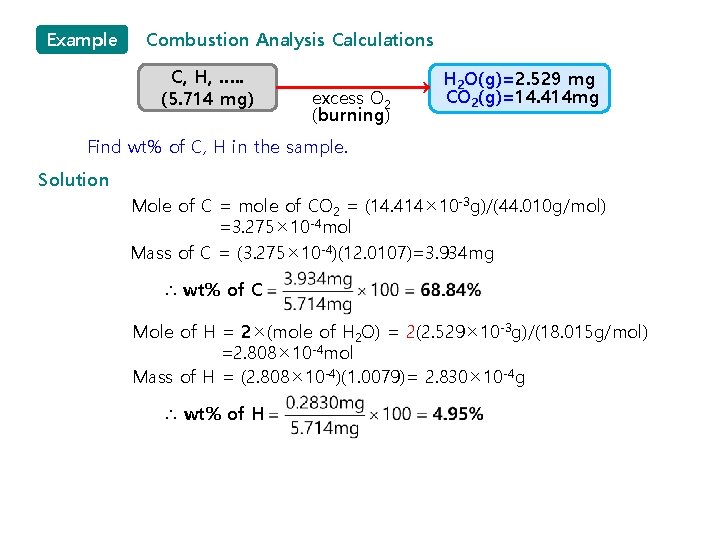 Example Combustion Analysis Calculations C, H, …. . (5. 714 mg) excess O 2