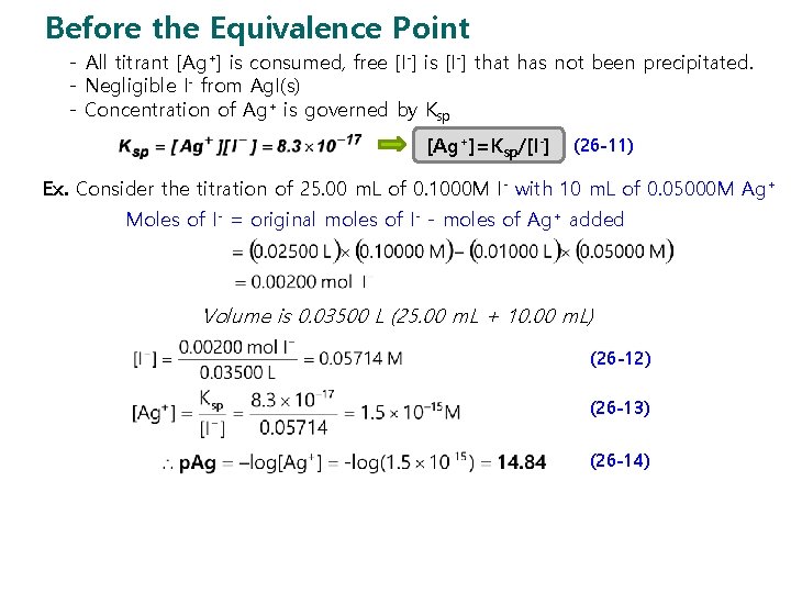 Before the Equivalence Point - All titrant [Ag+] is consumed, free [I-] is [I-]