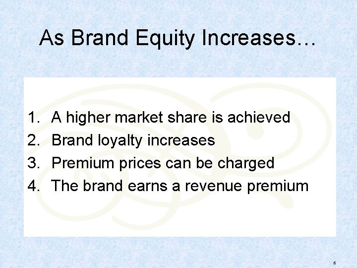 As Brand Equity Increases… 1. 2. 3. 4. A higher market share is achieved