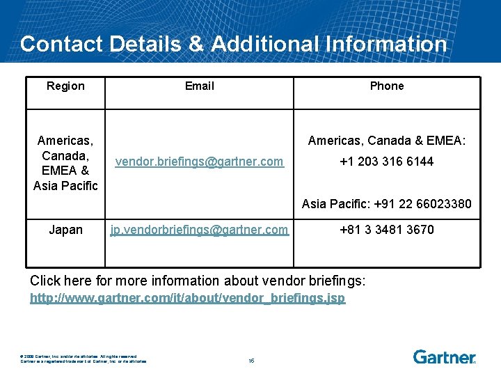 Contact Details & Additional Information Region Americas, Canada, EMEA & Asia Pacific Email Phone