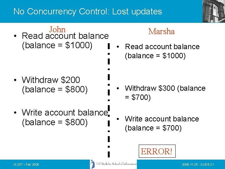 No Concurrency Control: Lost updates John Marsha • Read account balance (balance = $1000)