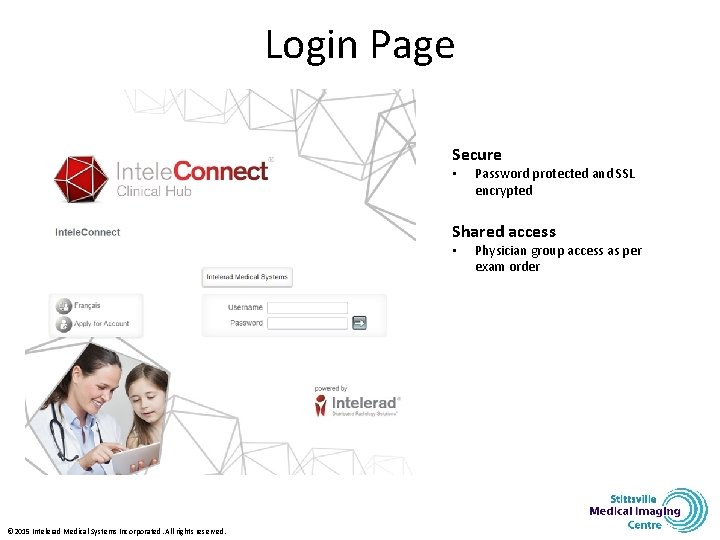 Login Page Secure • Password protected and SSL encrypted Shared access • © 2015