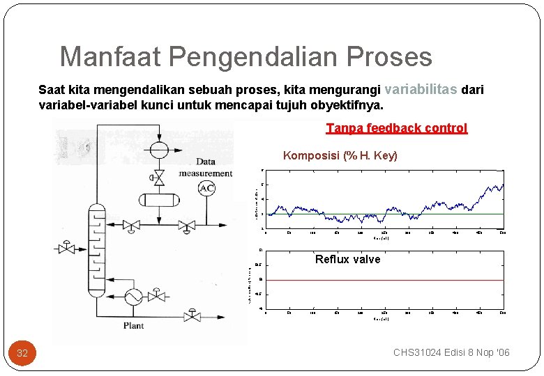 Manfaat Pengendalian Proses Saat kita mengendalikan sebuah proses, kita mengurangi variabilitas dari variabel-variabel kunci