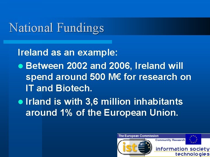 National Fundings Ireland as an example: l Between 2002 and 2006, Ireland will spend