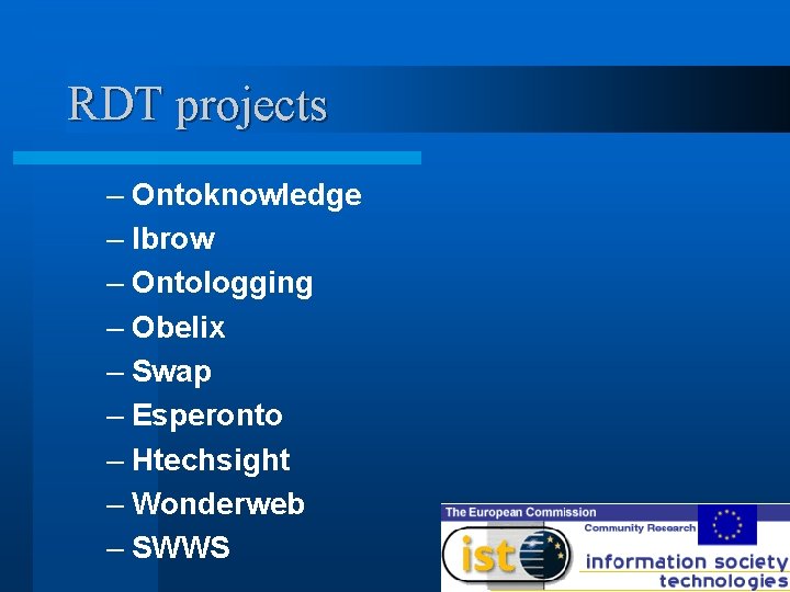 RDT projects – Ontoknowledge – Ibrow – Ontologging – Obelix – Swap – Esperonto