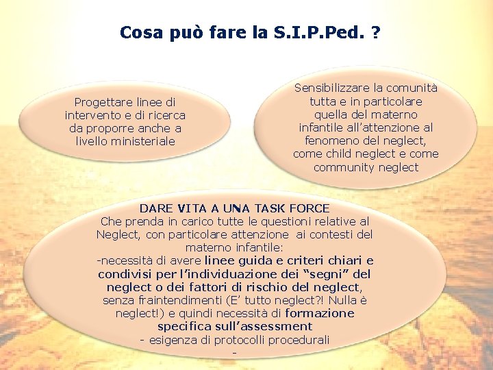 Cosa può fare la S. I. P. Ped. ? Progettare linee di intervento e