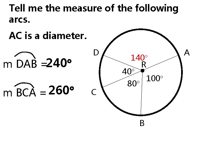 Tell me the measure of the following arcs. AC is a diameter. m DAB