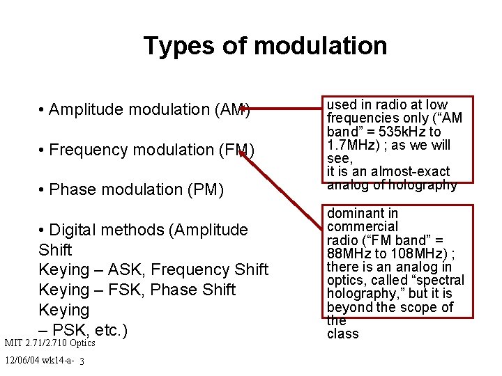Types of modulation • Phase modulation (PM) used in radio at low frequencies only