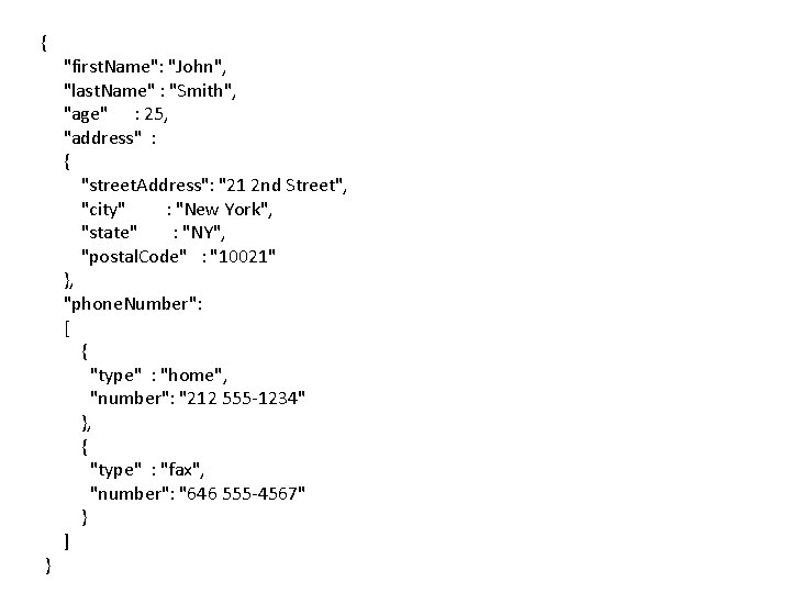 { } "first. Name": "John", "last. Name" : "Smith", "age" : 25, "address" : { } "first. Name": "John", "last. Name" : "Smith", "age" : 25, "address" :