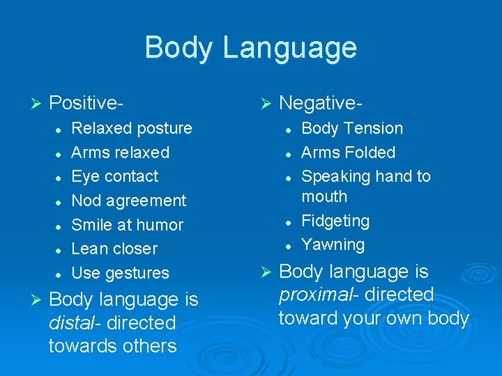 Body Language Ø Positivel l l l Ø Relaxed posture Arms relaxed Eye contact
