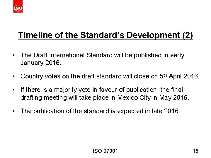 Timeline of the Standard’s Development (2) • The Draft International Standard will be published