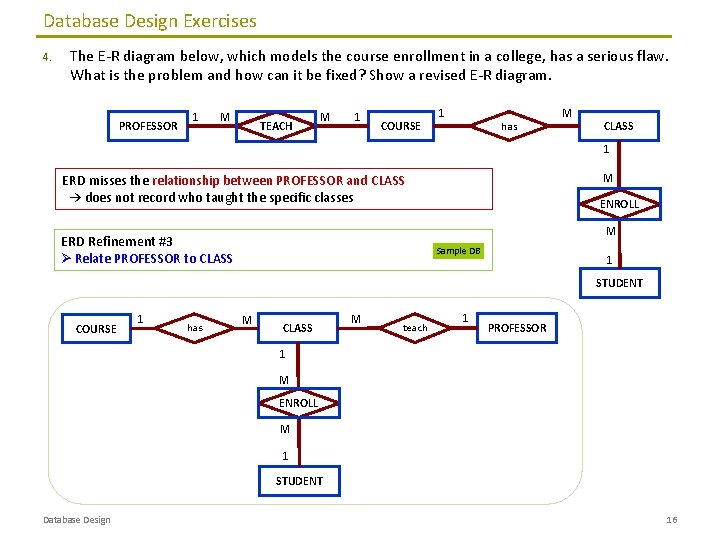 Database Design Exercises 4. The E-R diagram below, which models the course enrollment in Database Design Exercises 4. The E-R diagram below, which models the course enrollment in