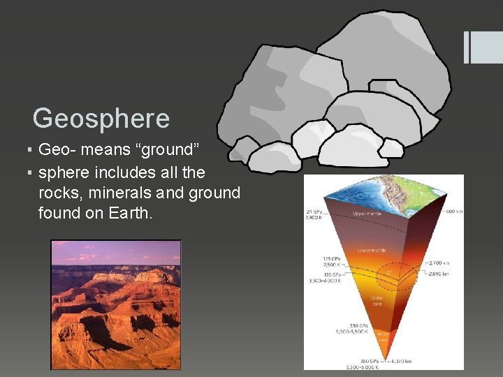 Geosphere ▪ Geo- means “ground” ▪ sphere includes all the rocks, minerals and ground
