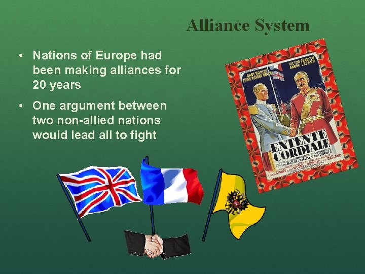 Alliance System • Nations of Europe had been making alliances for 20 years •