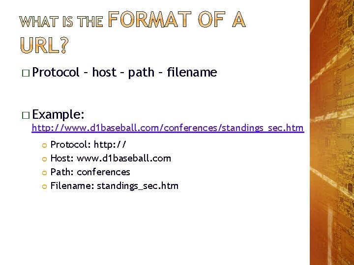 � Protocol – host – path – filename � Example: http: //www. d 1 � Protocol – host – path – filename � Example: http: //www. d 1