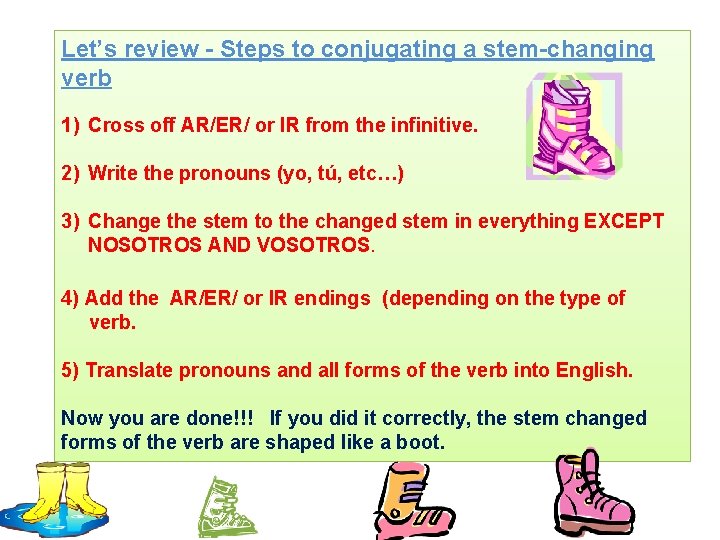 Let’s review - Steps to conjugating a stem-changing verb 1) Cross off AR/ER/ or