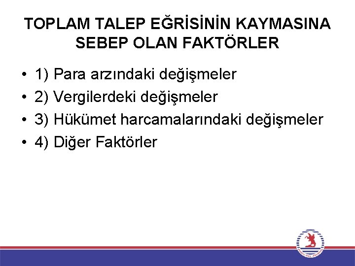 TOPLAM TALEP EĞRİSİNİN KAYMASINA SEBEP OLAN FAKTÖRLER • • 1) Para arzındaki değişmeler 2)