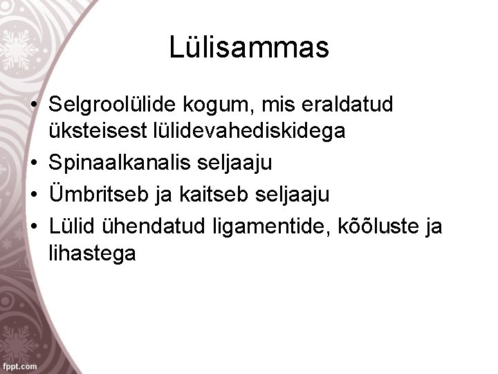 Lülisammas • Selgroolülide kogum, mis eraldatud üksteisest lülidevahediskidega • Spinaalkanalis seljaaju • Ümbritseb ja