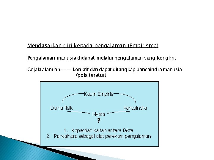 Mendasarkan diri kepada pengalaman (Empirisme) Pengalaman manusia didapat melalui pengalaman yang kongkrit Gejala alamiah