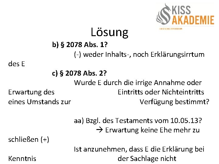 Lösung des E b) § 2078 Abs. 1? (-) weder Inhalts-, noch Erklärungsirrtum c)