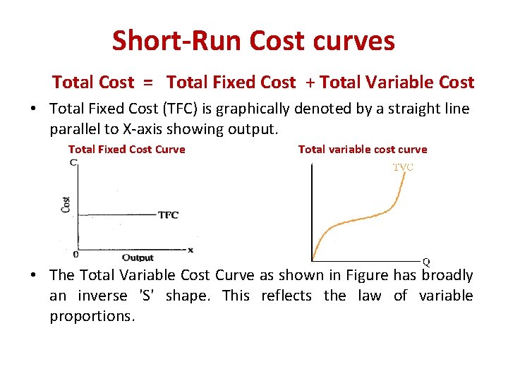 Short-Run Cost curves Total Cost = Total Fixed Cost + Total Variable Cost •