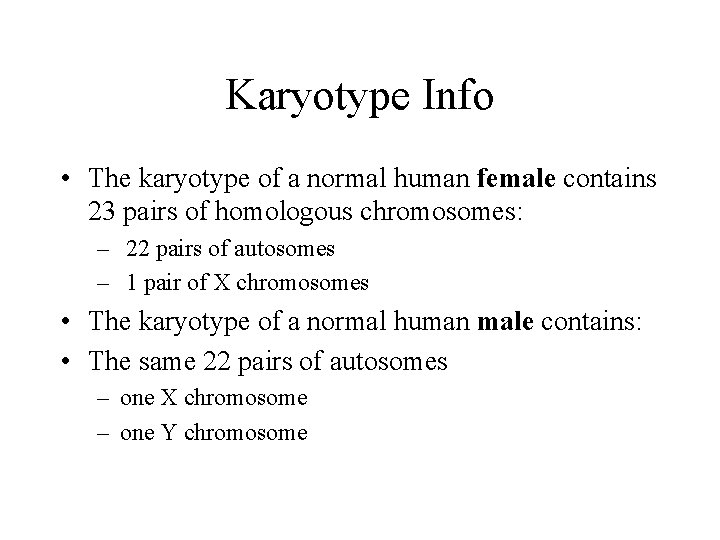 Karyotype Info • The karyotype of a normal human female contains 23 pairs of