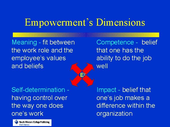 Empowerment’s Dimensions Meaning - fit between the work role and the employee’s values and