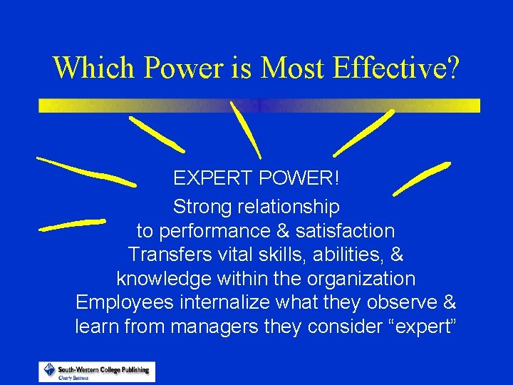 Which Power is Most Effective? EXPERT POWER! Strong relationship to performance & satisfaction Transfers